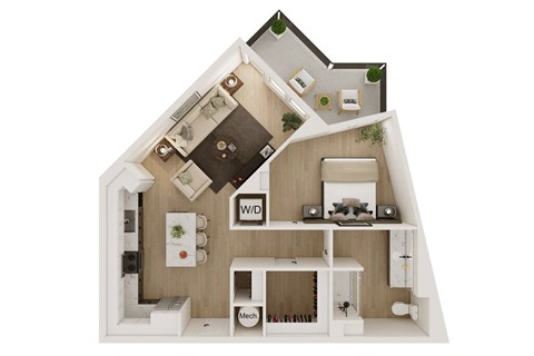 Floor plan for 1 bed, 1 bath, 839 sqft